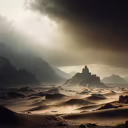 a mountain in the desert under a cloudy sky