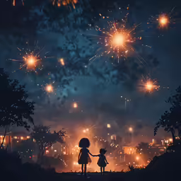 a couple of people with umbrellas standing on top of a hill near fireworks