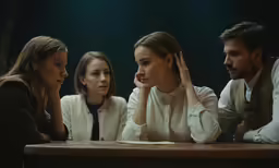 four women and two men, one man in conversation