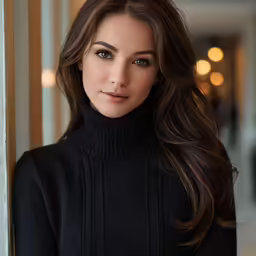 a woman standing next to a door with brown hair