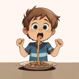 a boy is eating from a bowl with noodles