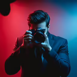 a man in a suit taking a photograph with a camera