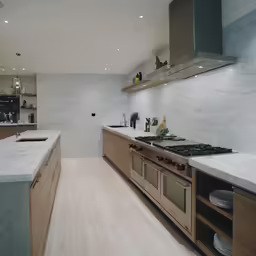 a kitchen that has marble counters and cabinets