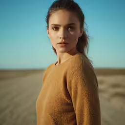 a beautiful young woman standing in the middle of the desert