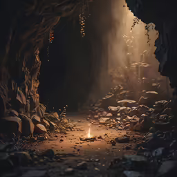 the light shines through the rocks and dirt
