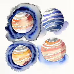 a watercolor painting with four planets in different colors,three watercolored planets with sun, saturn, and mars