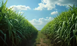 a corn field with green grass next to a dirt road