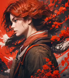 a woman with red hair holding out her hair