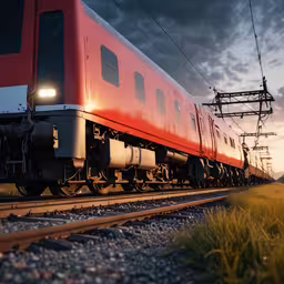 the red train is sitting on the tracks,train engine car on railroad tracks at dusk