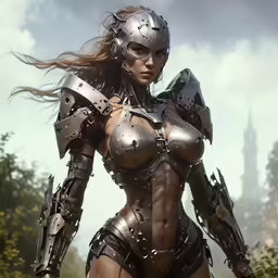 a beautiful woman dressed in armor on a cloudy day