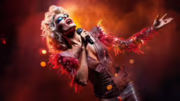 an image of a woman singing on stage,lady in red feather outfit holding a microphone