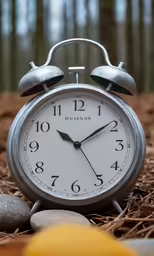 an alarm clock on the ground surrounded by rocks