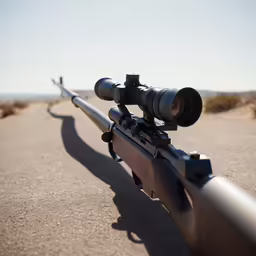 a rifle with scope and tripod is parked in a desert