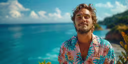 a man standing in front of the ocean with a tropical scene in the background,man with long hair and a beard standing in front of the ocean