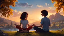 two young people sitting in yoga pose during sunset,two people meditating in a meadow overlooking water