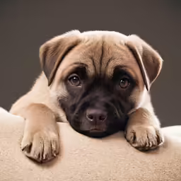 a small dog with its paw on the corner of a sofa