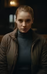 woman in a leather jacket looks directly at the camera