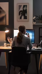 a woman is sitting at a desk in front of a computer