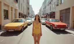 a beautiful woman standing on the road near many parked cars
