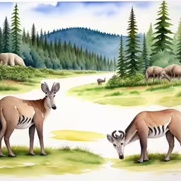 two antelope standing near a stream near a forest,a painting with several antelope in a grassy field
