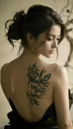 a woman with a tattoo is sitting down