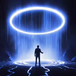 a man standing in the dark, with bright lights shining through it
