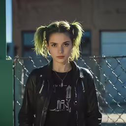a woman with hair in her top bun standing next to a chain link fence