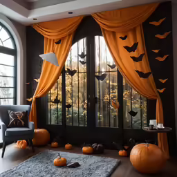 a living room decorated in black and orange for halloween