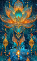 a painting with a golden flower surrounded by many different items