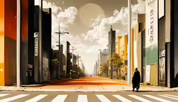 a person walking down a city street past tall buildings