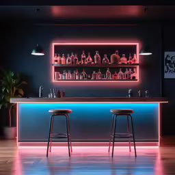 there is a bar with two stools and some liquor bottles on the back