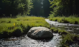 a rock is in a creek that looks like it could be a stream