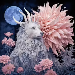a painting of a goat with flowers in front of the moon