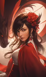 a woman in red with a dragon head