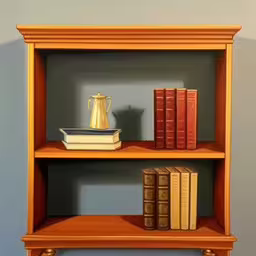 a painting of books, a teapot and a tea pot on a shelf,three books on an empty shelf next to each other,a painting of a shelf with books and a vase on it,bookshelf with a kettle and some books,this book shelf has three books, one is a vase and a pair of books