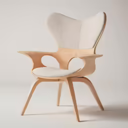 a wooden chair with white upholstered seats and an off - white background