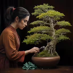 woman using electronic device on table near bonsai tree