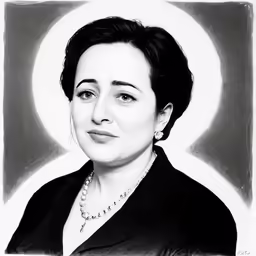 a woman with black hair and wearing pearls