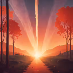 a man standing in the middle of a forest,a photo with some trees in front of it and the sun going down