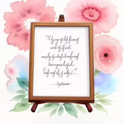 a watercolor illustration with pink flowers is displayed on a easel,a watercolor painting with a quote on it that says we are very happy to be grateful of all our efforts