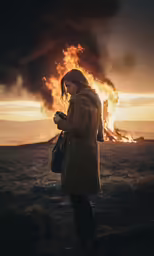 the woman is standing in front of a fire