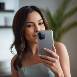 woman looking at phone displaying photo and video of her in studio