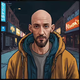 the illustration shows a man in a yellow jacket,the image of a man with beard and yellow sweatshirt