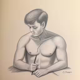 a man is sitting naked with no shirt,a man is holding a marker in his hand