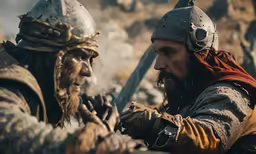 two men wearing medieval uniforms while holding swords