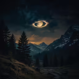 a surreal image of a circle of light in the sky over some trees