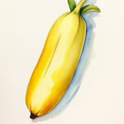 a watercolor of a banana with one stalk still attached,a watercolor drawing of a yellow banana