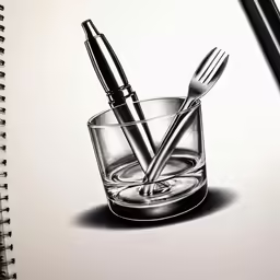 pen and drawing utensils in a glass of water on white paper