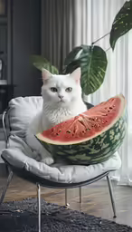 a white cat sitting inside a half a watermelon