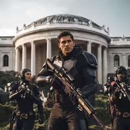 the action is captured in the front of a white house